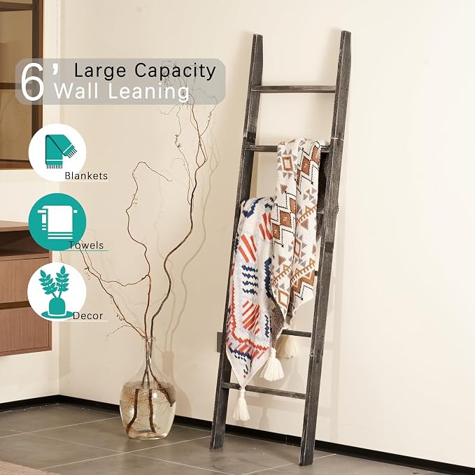 Blanket Ladder for The Living Room 6-Tier, Wooden Decorative Quilt Holder for Bed Room, Wall-Leaning Wood Towel Rack for Bathroom，Rustic Farmhouse Ladders for Display.(Black Wash)