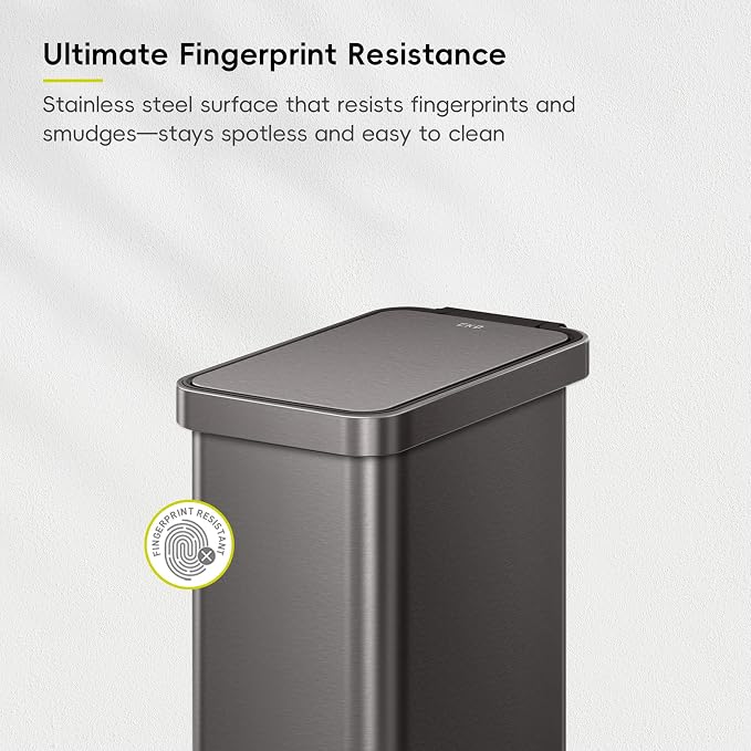 EKO Hudson Slim Trash Can with Lid, 13 Gal Stainless Steel, Gunmetal Gray | Kitchen, step pedal, soft close lid, stay-open frame, secure liner ring, rear handle