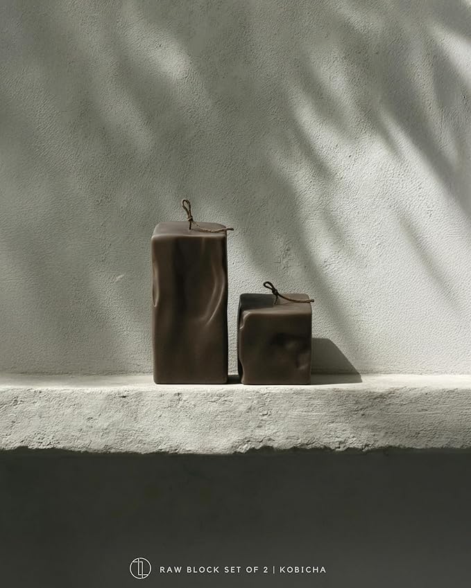 LAWA Raw Block Set of 2 Candle - Beautiful Handmade Pillar Scented Soy Wax Elegant Aesthetic Candle Housewarming Gift Home Room Shelf Decor Idea (Kobicha, Set of 2)