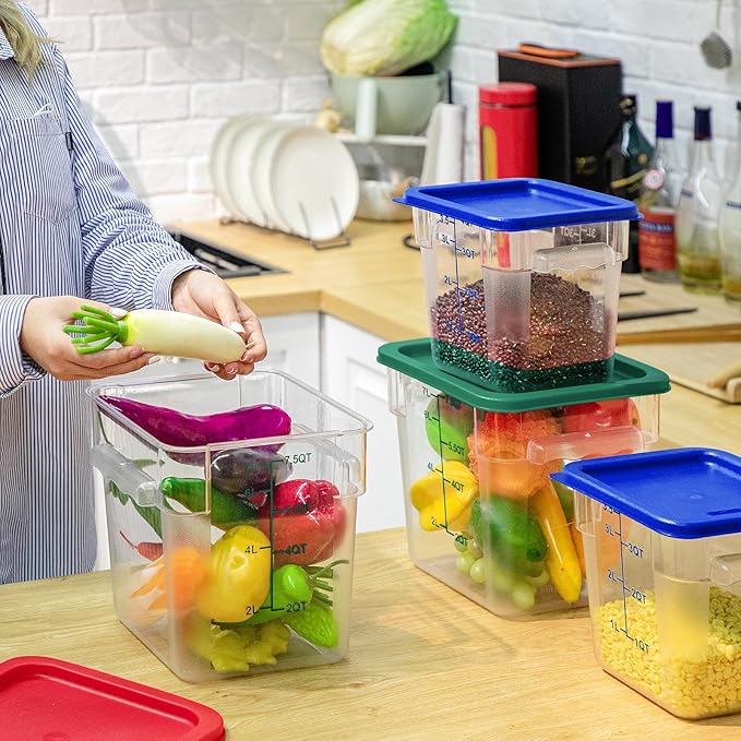 Lallisa 4 Pcs 8 Qt and 4 Qt Clear Food Storage Containers with Lids, Handles and Scales, Commercial Grade Square Containers Polycarbonate Air Tight for Home Storage Kitchen Restaurant(Blue, Green)
