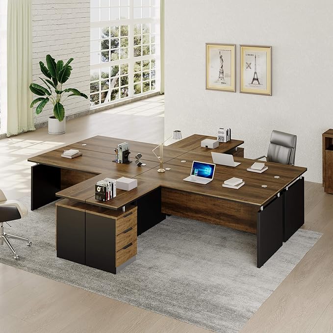 63 Inch L-Shaped Executive Desk Set of 4, Industrial Modern Wood Office Desk with 3 Drawers, Built-in Cable Management & Power Outlet, Real Wood Finish, Reversible Left/Right Return Home Workstation