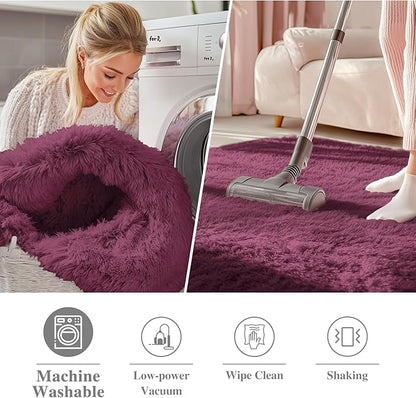 OLANLY Burgundy Round Rugs for Bedroom - Machine Washable, 7 ft Circle Area Rugs for Living Room, Soft and Fluffy Shaggy Carpet for Teen Girls and Boys, Nursery Rooms, Dorms, Home Decor Aesthetic