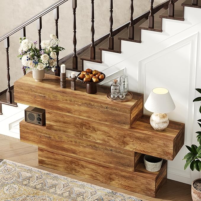 63" Long Farmhouse Console Table for Entryway, Modern Wooden Sofa Table Behind Couch, 4-Tier Storage Entry Table Hallway Table for Living Room, Unique Design Rustic Foyer Table, Walnut