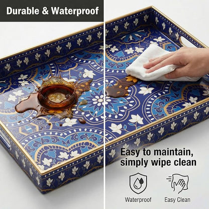 Decorative Serving Tray with Handles - 15.7" x 11.8" Blue Mandala Pattern Rectangular Plastic Platter - Boho Coffee Table Tray for Ottoman, Breakfast in Bed & Living Room Decor