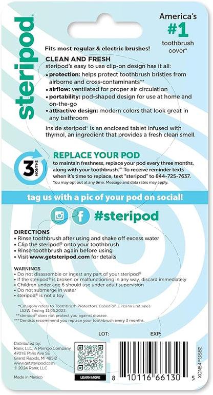 Steripod Clip-On Toothbrush Protector, Keeps Fresh and Clean, Fits Most Manual and Electric Toothbrushes, Pink and Blue, 2 Count (Pack of 1)