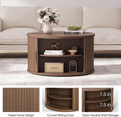 JOINICE 31.5" Round Lift Top Coffee Table, Mid Century Modern Walnut Center Table with Hidden Storage, Fluted Drum Wood Design for Small Living Room & Apartment