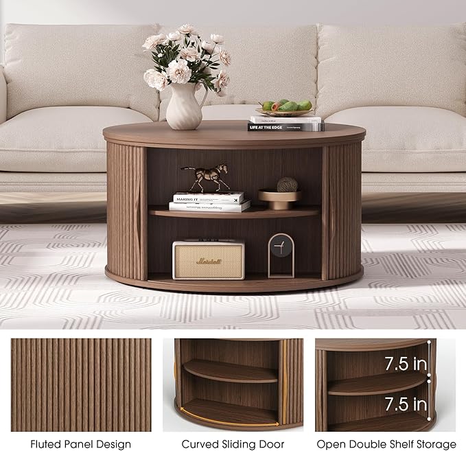 SULIVES Round Coffee Table with Lifting Top, Multifunctional Drum Coffee Table with Sliding Door, Small Fluted Center Table for Living Room, Walnut