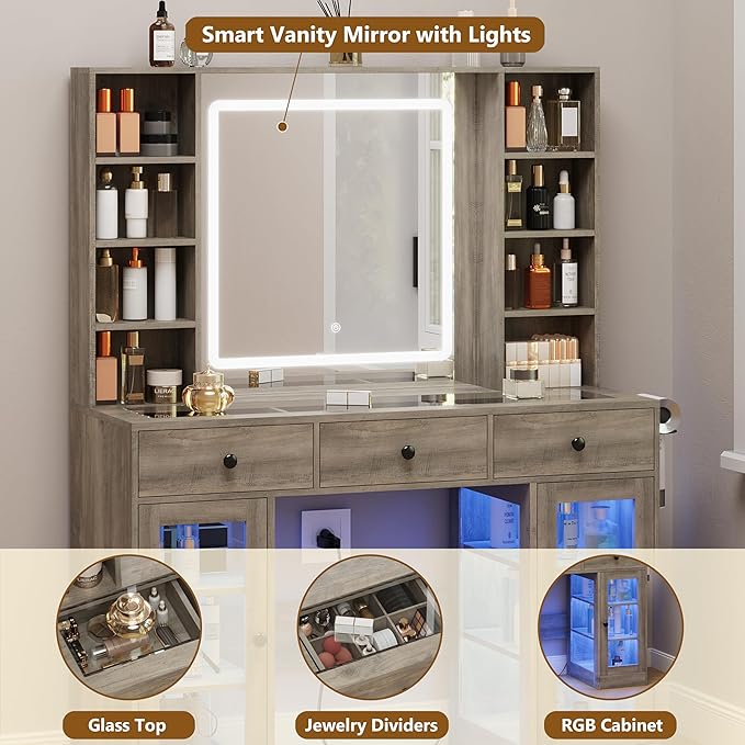 Grey Vanity Desk with Mirror and Lights, Glass Top Vanity with Lighted Mirror & RGB Cabinet and 3 Drawers, Dressing Table with 8 Shelves, Makeup Desk with Lights for Girls Bedroom, 3 Color Modes