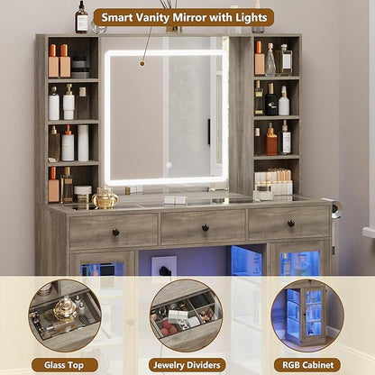 Grey Vanity Desk with Mirror and Lights, Glass Top Vanity with Lighted Mirror & RGB Cabinet and 3 Drawers, Dressing Table with 8 Shelves, Makeup Desk with Lights for Girls Bedroom, 3 Color Modes