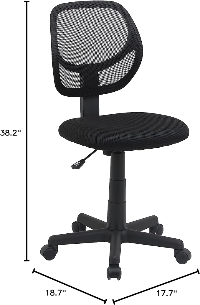 Amazon Basics Rolling Desk Chair, Adjustable, Low Back, Padded Seat, Breathable Mesh, Swivel, Black, 21.25" D x 22.5" W x 38" H