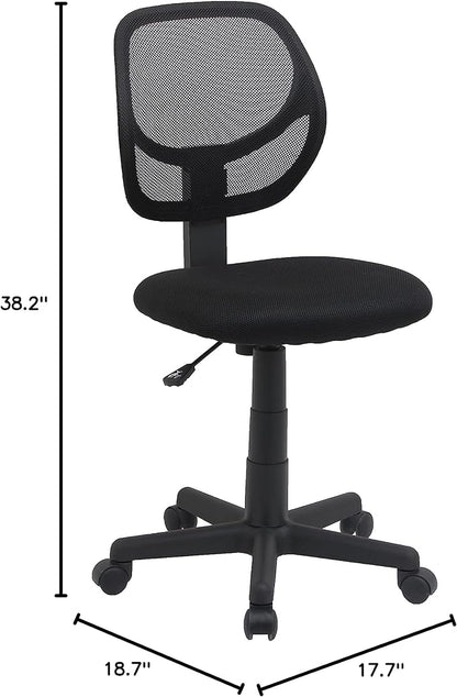 Amazon Basics Rolling Desk Chair, Adjustable, Low Back, Padded Seat, Breathable Mesh, Swivel, Black, 21.25" D x 22.5" W x 38" H