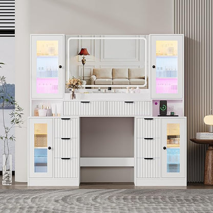 Fluted Makeup Vanity Desk with Mirror and Lights, 55" Glass Top Vanity with 8 Drawers & 4 RGB Glass Cabinets, Adjustable Shelves & Power Outlet, Modern Dressing Table Set for Women Girls Bedroom