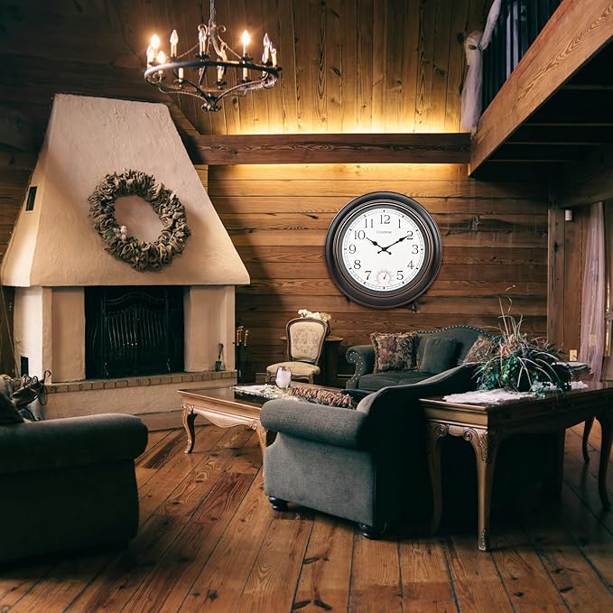Large Outdoor Clock Waterproof 18" - Retro Indoor Outdoor Wall Clocks with Thermometer for Patio Pool Garden Living Room Decor,Bronze