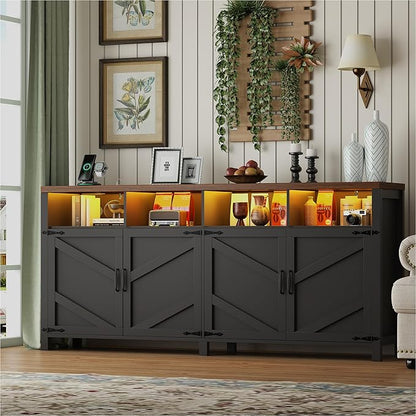 63'' Buffet Sideboard with Storage with Power Outlets & LED Light 4 Doors, Large Farmhouse Kitchen Storage Cabinet Wood Coffee Bar Cabinet Buffet Table for Kitchen, Dining Room, Entryway
