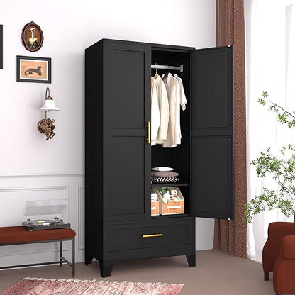 Steel Armoire Wardrobe Closet, 71" Household Wardrobe Cabinet with 2 Doors, 1 Adjustable Shelf and 1 Drawers, Metal Clothing Storage Cabinet with Hanging Rod for Bedroom, Cloak Room,Gym(Black)