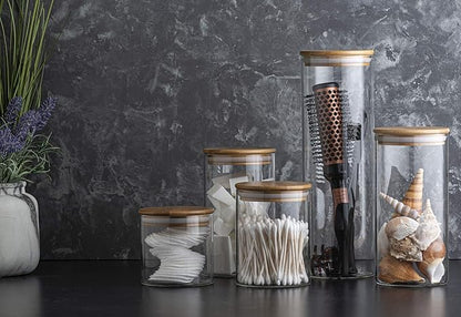 Set of 5 Glass Kitchen Canisters with Airtight Bamboo Lid - Glass Storage Jars for Pantry Organization and Bathroom for Flour, Coffee, Cookie Jar, Candy, Snack, Pasta, Rice, Sugar Packet Holder