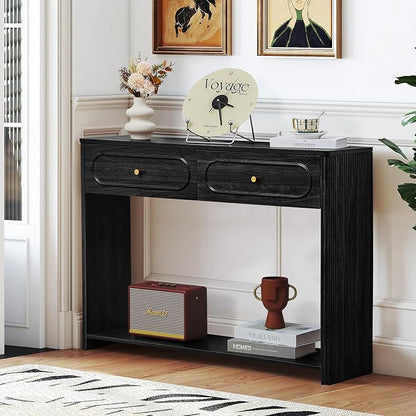 ORRD Fluted Console Table with Drawers, Mid-Century Narrow Entryway Table with Open Storage Shelves, Hallway Accent Tables Behind Couch Tables for Living Room (Black)