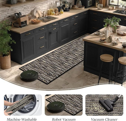 Kitchen Rugs Sets of 2-Non Slip Kitchen Mats for Floor-Thick Stain Resistant Vintage Kitchen Floor Mat Runner Carpet for Hallways Entryway Laundry Room Washable（Black 20"x47"+20"x32"）