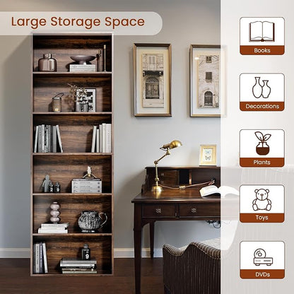 GRUSIGN 71" Tall 6-Tier Bookshelf, Large Open Display Bookcase with Ample Storage, Floor Standing Book Shelf for Living Room, Home Office, Bed Room, Brown