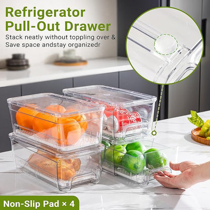 Imncya Pull-Out Fridge Organizer, Stackable Refrigerator Drawer Organizer Bins, Fridge Drawers Food Storage Containers for Fruits, Vegetables, Drinks, Snack (3 Pack Clear)