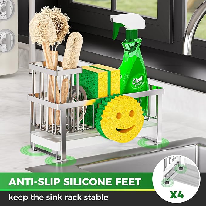 Taugast Sponge Holder for Kitchen Sink,Sink Caddy with Removable Dish Brush Holder,Self-Draining Kitchen Countertop Organizers and Storage Essentials,Soap Dispenser Organize and Home Decor-Silver