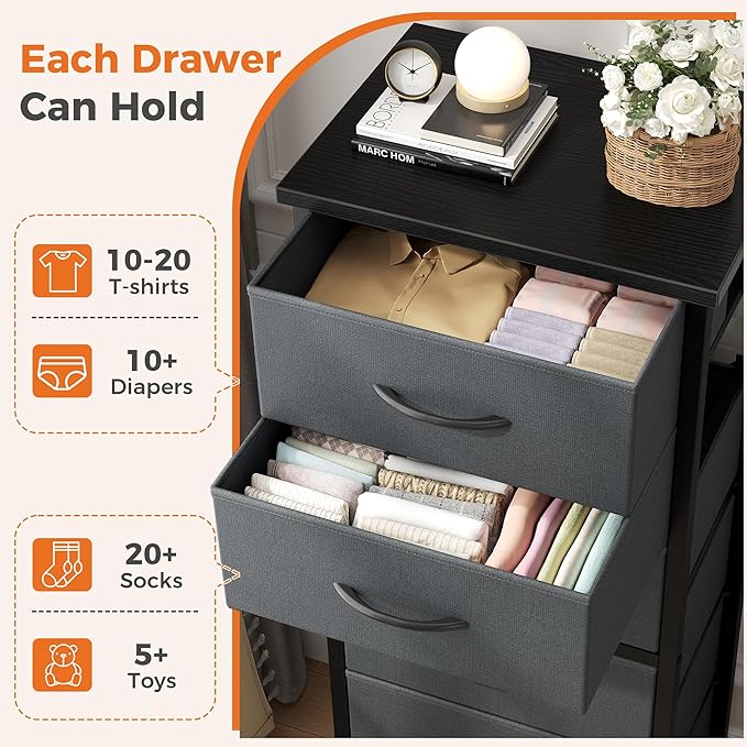 Sweetcrispy Tall Fabric Dresser for Bedroom, 6 Drawer Skinny Chest of Drawers, Narrow Storage Tower with Wood Top and Metal Frame, Vertical Nightstand for Closet, Bedroom Organization Furniture, Grey