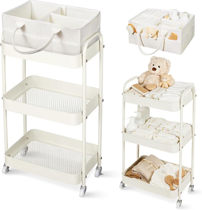 Fortella Baby Diaper Caddy, 3 Tier Rolling Storage Cart for Baby Essentials, Diaper Cart with Detachable Dividers, Storage Organizer & Baby Bottle Organizer for Bedroom, Living Room (Beige)