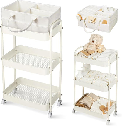 Fortella Baby Diaper Caddy, 3 Tier Rolling Storage Cart for Baby Essentials, Diaper Cart with Detachable Dividers, Storage Organizer & Baby Bottle Organizer for Bedroom, Living Room (Beige)