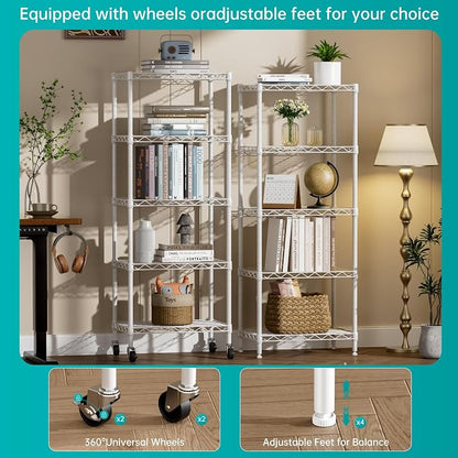SINGAYE 6 Small Shelf Storage Wire Shelves Closet Bathroom Organizers Metal Pantry Kitchen Garage Shelving Unit Laundry Room Organization Home Narrow Rack Net Basket with Wheels White