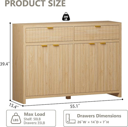 Fluted Sideboard Buffet Cabinet with Storage and Large Drawers, 55" W Credenza Storage Cabinet for Living Room or Entryway, 40'' H Farmhouse Buffet Table with Adjustable Shelves, Console Cabinet