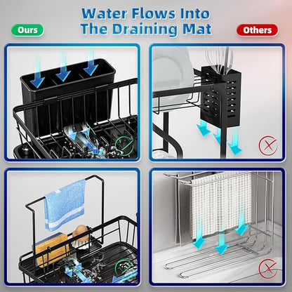 Dish Drying Rack, Stainless Steel-Dish Rack, Dish Racks for Kitchen Counter, Kitchen Dish Drainers with Removable Utensil Holder,New drain outlet,Plate Rack and Drainboard,(Black2 with Sponge Rack )