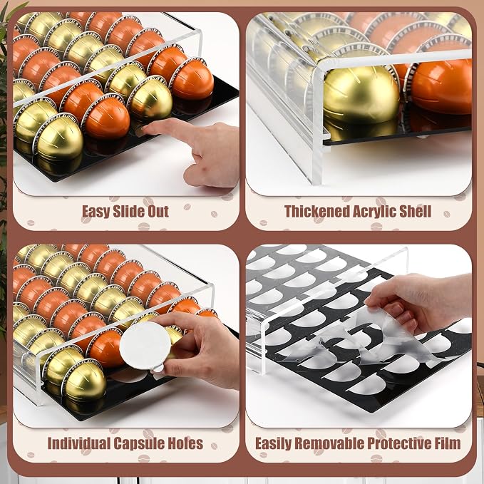 Coffee Pod Drawer Organizer with Clear Station Organizer Compatible with Nespresso Vertuo Acrylic Coffee Capsule Holder Drawer Machine Accessories 40 Pods