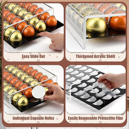Coffee Pod Drawer Organizer with Clear Station Organizer Compatible with Nespresso Vertuo Acrylic Coffee Capsule Holder Drawer Machine Accessories 40 Pods