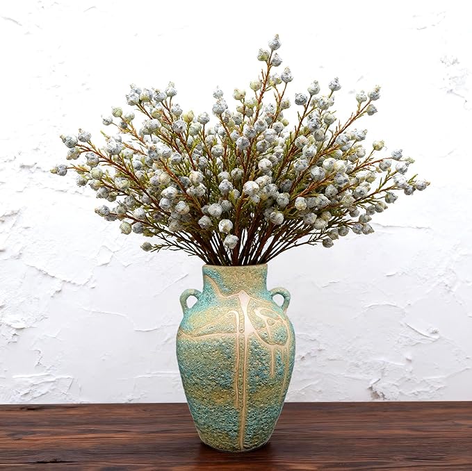 Large Ceramic Flower Vase, 9.8 Inch Tall Rustic Farmhouse Table Vase with 2 Handles, Handcrafted Glaze Textured Home Décor for Living Room, Bedroom, Bookshelf, Mantel, or Office