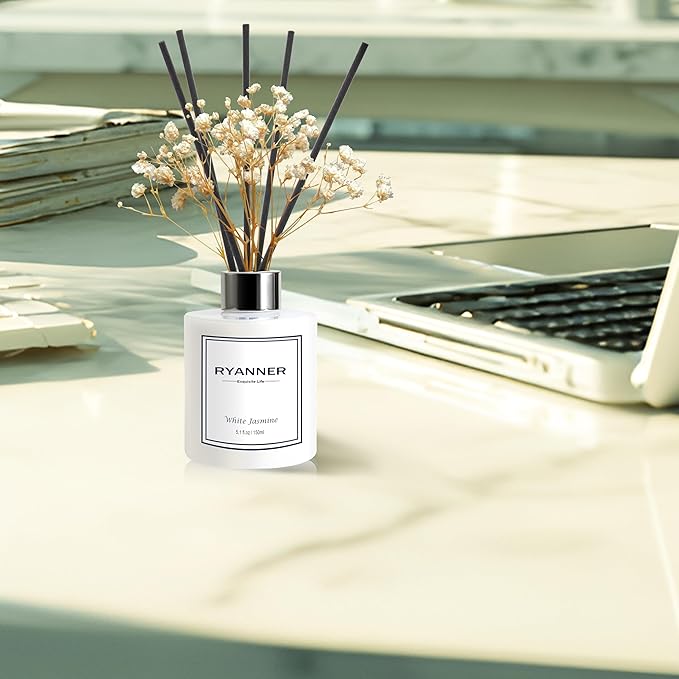 Ryanner Flower Reed Diffuser Set,5.1 fl oz White Jasmine Scent Diffuser with Sticks Home Fragrance Reed Diffuser with Essential Oil for Bathroom Shelf Decor&Air Freshener,Home Bathroom Office Decor