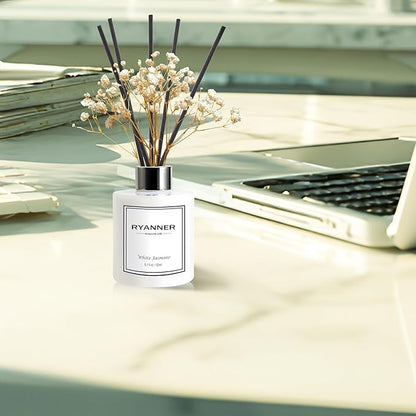 Ryanner Flower Reed Diffuser Set,5.1 fl oz White Jasmine Scent Diffuser with Sticks Home Fragrance Reed Diffuser with Essential Oil for Bathroom Shelf Decor&Air Freshener,Home Bathroom Office Decor