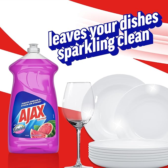 Ajax Ultra Liquid Dish Soap with Fabuloso Watermelon Scent, Fights Grease and Stuck-On Stains, Deep Cleaning Action, Mess-Free, Easy-Flip Cap, 52 fl oz Bottle