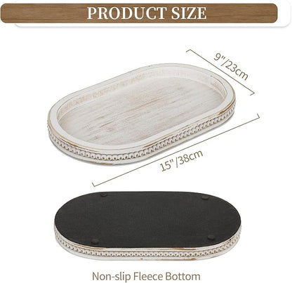 Hanobe Decorative Trays for Coffee Table : White Oval Centerpiece Tray Wood for Farmhouse Entry Table Decor Round Bathroom Tray for Living Room Kitchen Counter