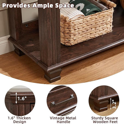 Farmhouse 46" Console Table with 2 Drawers, Rustic Wood 2 Tier Entryway Table with Open Storage Shelf for Entry, Large Mid-Century Vintage Sofa Tables Behind Couch for Living Room, Walnut