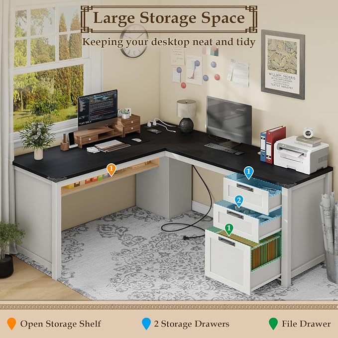 Vabches Wood L Shaped Executive Desk, Farmhouse Home Office Desk with Drawers and Under-Desk Storage Shelf Corner Computer Desk with Power Outlets for Home Office, Study, Bedroom, White and Black