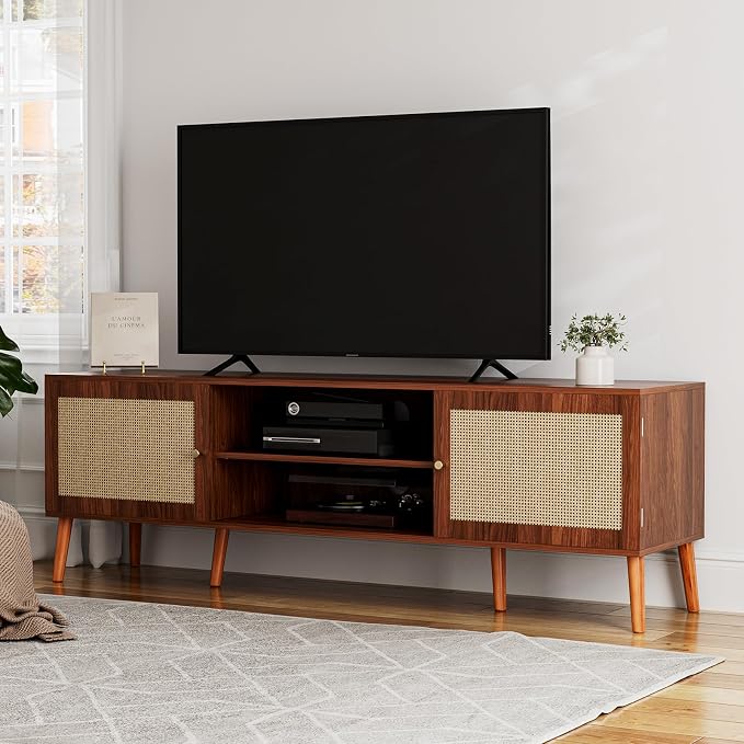 ZttRiee TV Stand for TVs up to 65'', Entertainment Center With Rattan Door, Shelves & 2 Cabinets, Long Boho Media Console for Living Room, Walnut