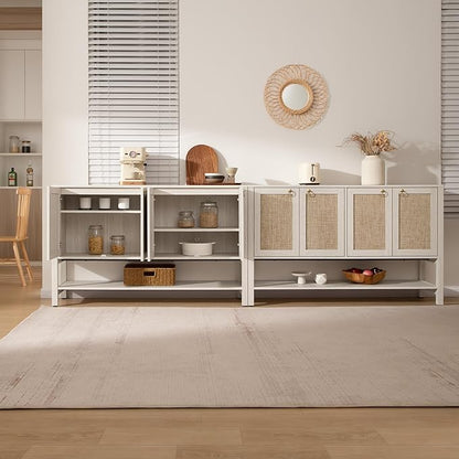 SICOTAS Rattan Sideboard Buffet Cabinet with Open Storage - Large Storage Cabinet with 4-Doors and Adjustable Shelves, Boho Credenza Coffee Bar Cabinets Buffet Table Console Table for Kitchen,Hallway