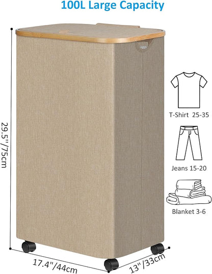 efluky Laundry Basket with Wheels, Tall Rolling Laundry Hamper with Lid and Removable Bag, Aesthetic Dirty Clothes Hamper on Wheels for Laundry Room, Bedroom, Dorm and Bathroom, 100L Oatmeal