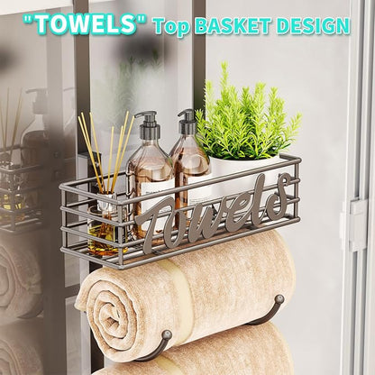 HapiRm Towel Racks for Bathroom Storage - 9 Tier Over The Door & Wall Mount Rolled Towel Storage Organizer Holder with Metal Shelf Basket for Small Bathroom, Camper, Rv - Patented