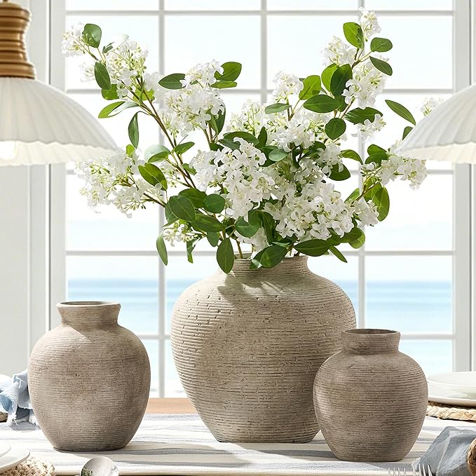 Vanselia Ceramic Flower Vase Home Decor - Farmhouse Table Vases Rustic Vintage Living Room Kitchen Bedroom Decorations for House Book Shelf Office Coffee Desk Dining Fireplace (7.4" Retro)