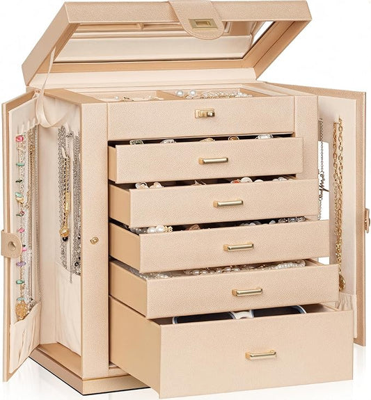 AKOZLIN 6-Tier Jewelry Box Organizer Functional 5 Drawers Leather Jewelry Storage Case for Women Girls Ring Necklace Earring Bracelet Holder Organizer with Mirror XL Champagne 360° Rotating