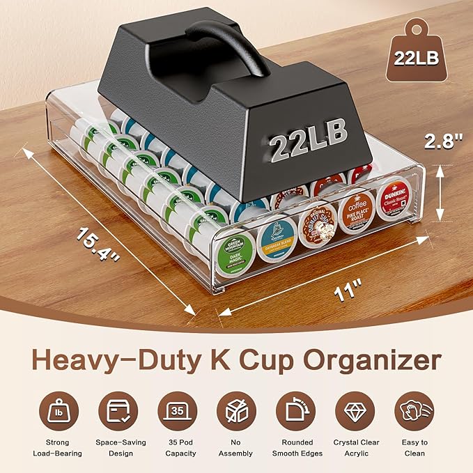 Crystal Clear Acrylic K Cup Organizer Coffee Pod Storage Box, 35 Pods Coffee Pods and Tea Organizer Holder, K Pod Drawer Coffee Maker Stand, Organizador De Cafe, Kcup Drawer Organizer Under Brewer