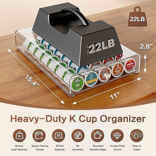 Crystal Clear Acrylic K Cup Organizer Coffee Pod Storage Box, 35 Pods Coffee Pods and Tea Organizer Holder, K Pod Drawer Coffee Maker Stand, Organizador De Cafe, Kcup Drawer Organizer Under Brewer