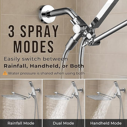 G-Promise All Metal 16 Inch Dual Square Shower Head with Handheld Spray Combo, Rain Shower Head, Adjustable Extension Arm, 3-Way Diverter, 71 Inch Extra Long Hose - A Bathroom Upgrade (Chrome)