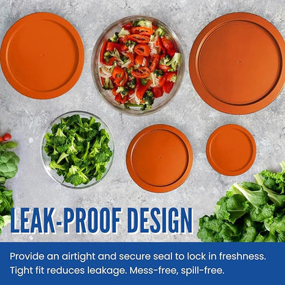 Replacement Lids fits Pyrex 4-Cup Glass Food Storage Container Bowls, 6-Inch Plastic Round Lids Covers for Pyrex 7201-PC, Airtight & Leakproof (2-Pack, Orange)